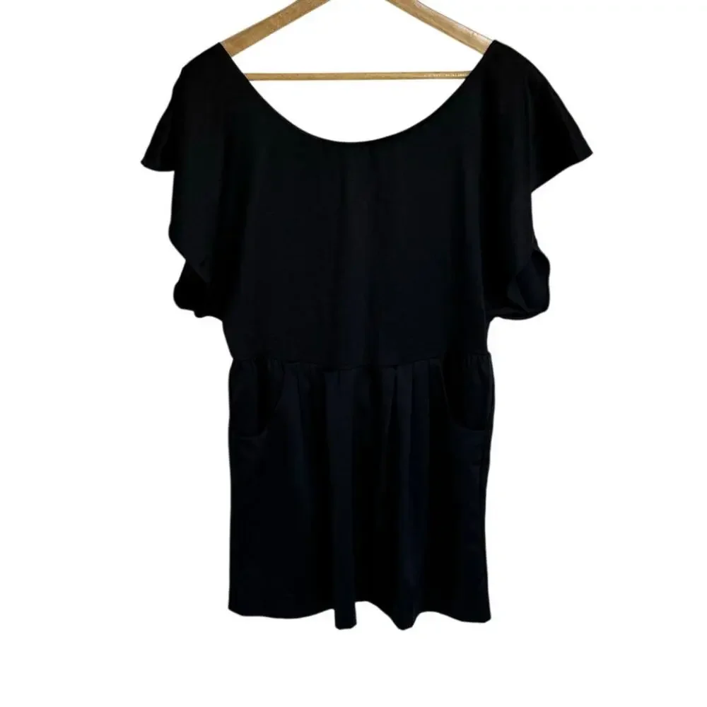 Free People Black Satin Flutter Sleeve Mini Dress Open Back Size 6 NWT